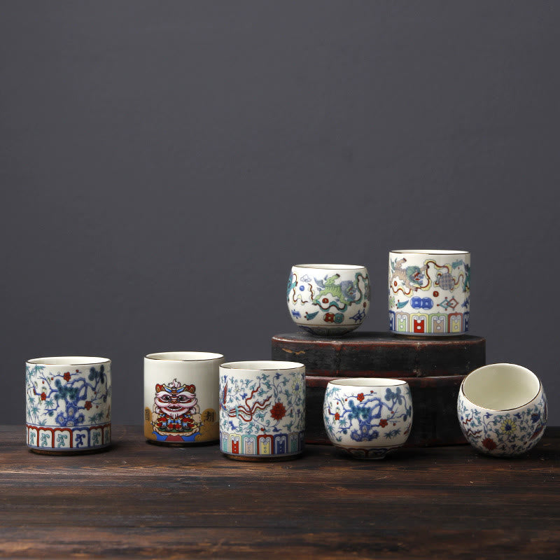 Buddha Stones Vintage Plum Blossom Pine Bamboo Phoenix Kirin Lion Dancing Ceramic Teacup Tea Cups - image 16
