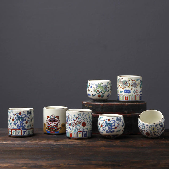 Buddha Stones Vintage Plum Blossom Pine Bamboo Phoenix Kirin Lion Dancing Ceramic Teacup Tea Cups - image 16
