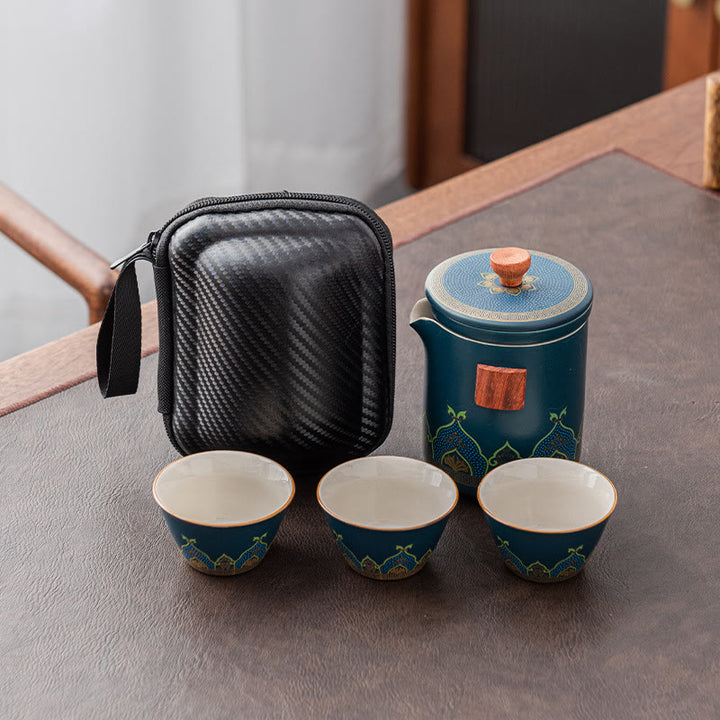 Buddha Stones Flower Chinese Gongfu Ceramic Teapot Portable Outdoor Travel Tea Set Bag - Cyan - 1 Teapot+3 Cups+1 Bag - image 1