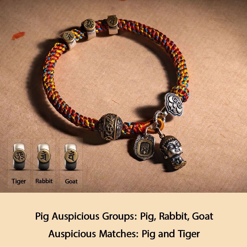Buddha Stones Handmade Tibetan 925 Sterling Silver Chinese Zodiac Natal Buddha Zakiram Goddess of Wealth Protection Multicolored Rope Braided Bracelet - Pig-Amitabha Buddha - 17-19cm - image 17