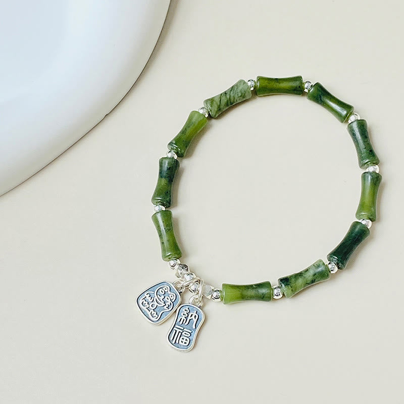 Buddha Stones 925 Sterling Silver Bamboo Jade Lucky Cat Fu Character Luck Abundance Bracelet - image 7