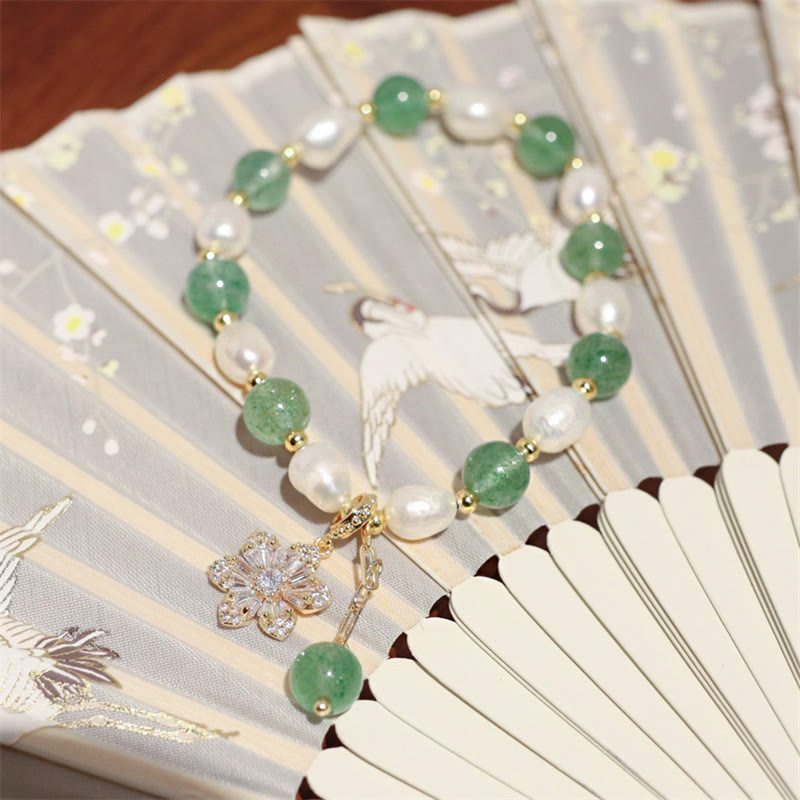 Buddha Stones Natural Green Strawberry Quartz Pearl Flower Charm Love Bracelet - image 9
