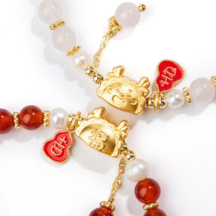Buddha Stones Year Of The Dragon Natural Red Agate Pink Crystal Black Onyx Dumpling Luck Fu Character Bracelet - image 17