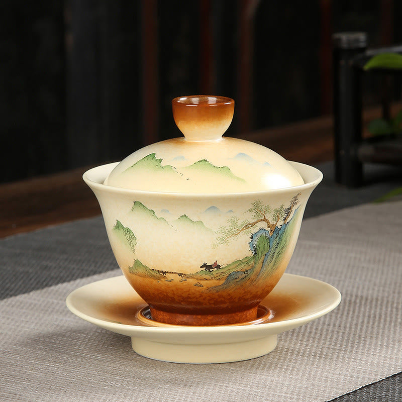 Buddha Stones Mountain Landscape Countryside Ceramic Gaiwan Sancai Teacup Kung Fu Tea Cup And Saucer With Lid - 11cm*10cm*100-130ml - image 0