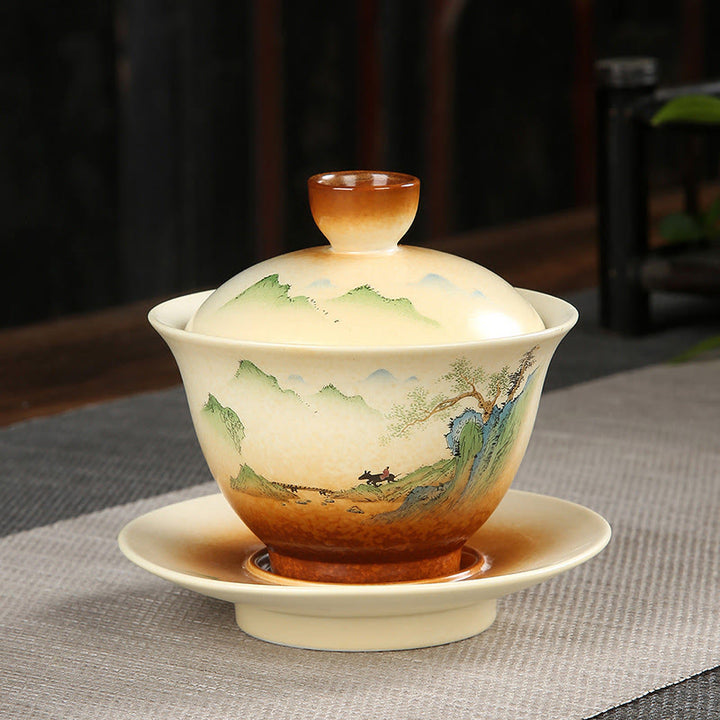 Buddha Stones Mountain Landscape Countryside Ceramic Gaiwan Sancai Teacup Kung Fu Tea Cup And Saucer With Lid - 11cm*10cm*100-130ml - image 0