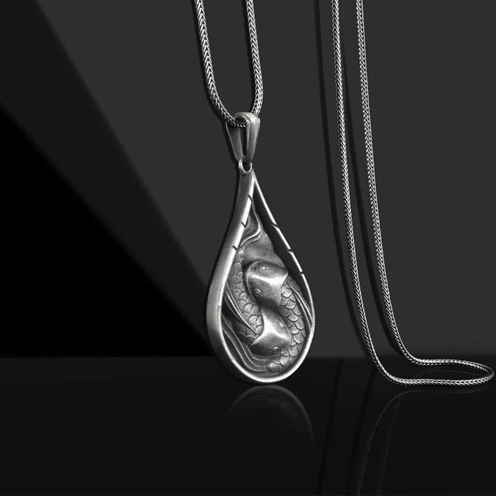 Buddha Stones Double Lucky Koi Fish Prosperity Pure Tin Water Drop Pattern Necklace Pendant - image 1