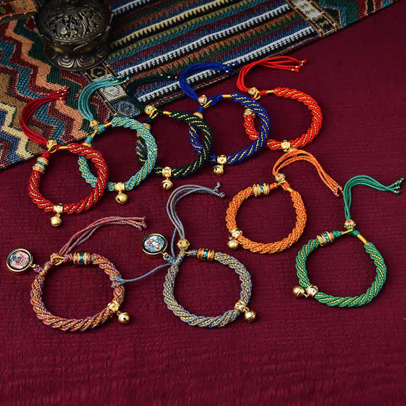 Buddha Stones Tibetan Handmade Luck Protection Thangka Prayer Wheel Bell Charm Braid String Bracelet - image 1