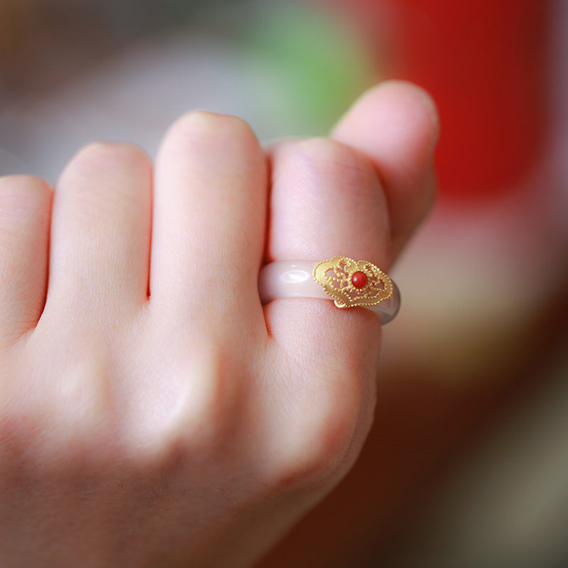 Buddha Stones White Agate Cyan Jade Turquoise Red Agate Luck Protection Ring - image 12