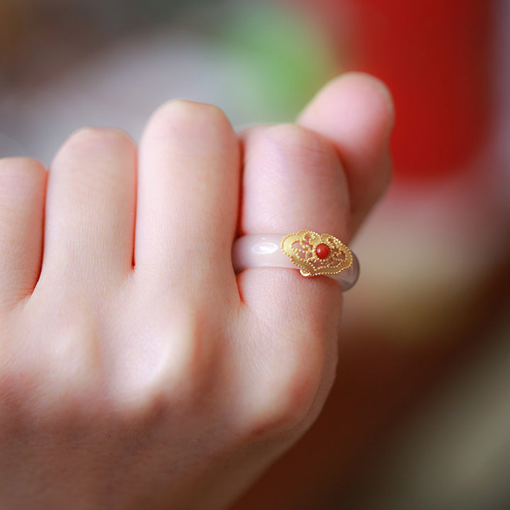 Buddha Stones White Agate Cyan Jade Turquoise Red Agate Luck Protection Ring - image 12