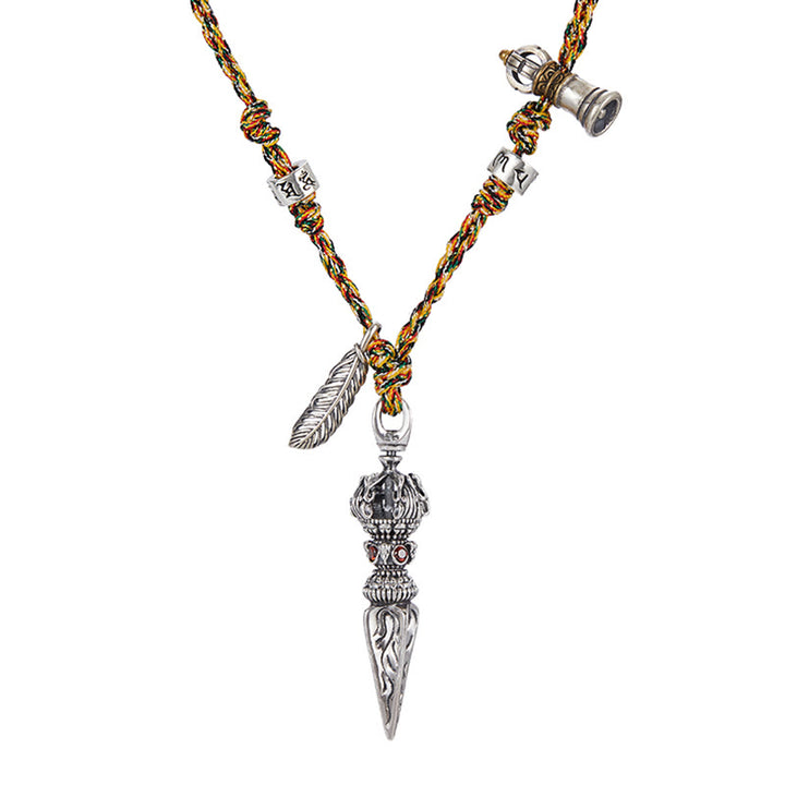 Buddha Stones Tibetan Handmade 925 Sterling Silver Dorje Vajra Om Mani Padme Hum Feather Strength Necklace Pendant - image 8