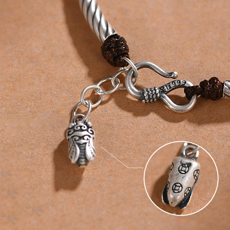 Buddha Stones 999 Sterling Silver Bamboo Pattern Cicada Luck Wealth Bracelet - image 4