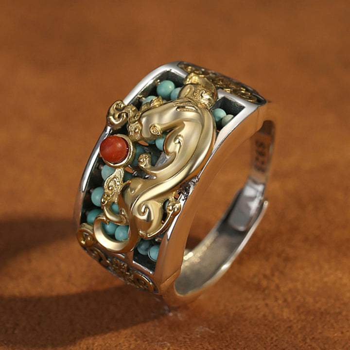 Buddha Stones 925 Sterling Silver Turquoise Red Agate PiXiu Abacus Protection Ring - image 5