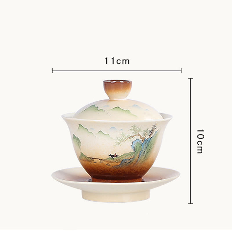 Buddha Stones Mountain Landscape Countryside Ceramic Gaiwan Sancai Teacup Kung Fu Tea Cup And Saucer With Lid - image 5