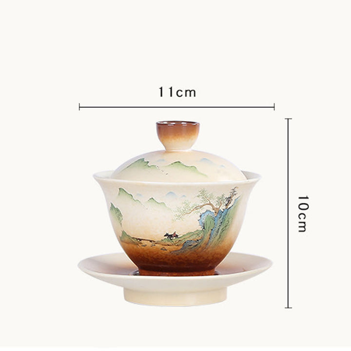 Buddha Stones Mountain Landscape Countryside Ceramic Gaiwan Sancai Teacup Kung Fu Tea Cup And Saucer With Lid - image 5