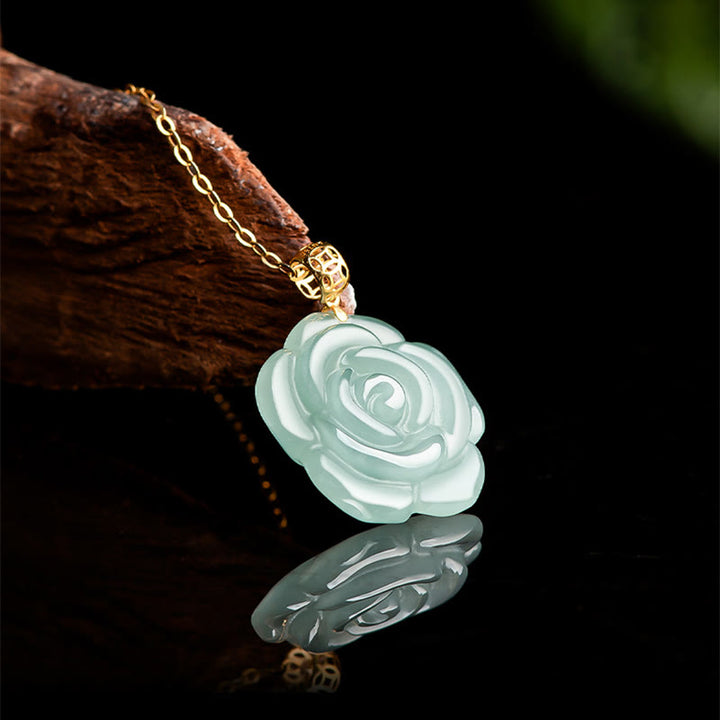 Buddha Stones 18K Gold 925 Sterling Silver Natural Jade Rose Luck Necklace Pendant - image 3