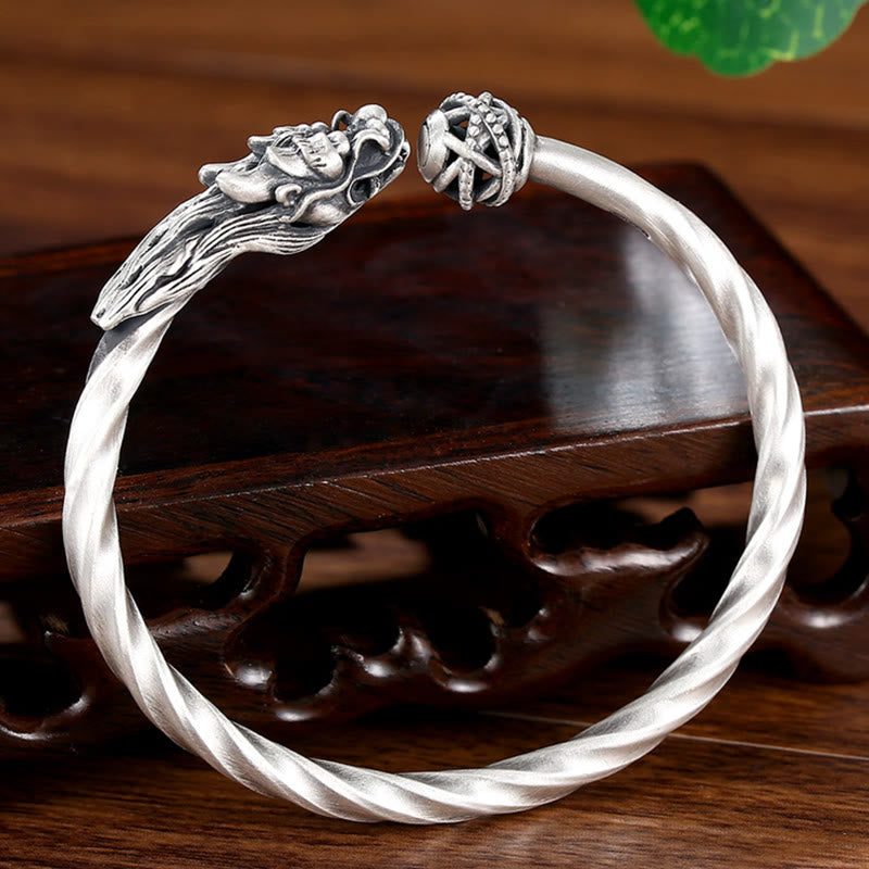 Buddha Stones 999 Sterling Silver Year of the Dragon Luck Strength Metal Cuff Bracelet Bangle - image 3