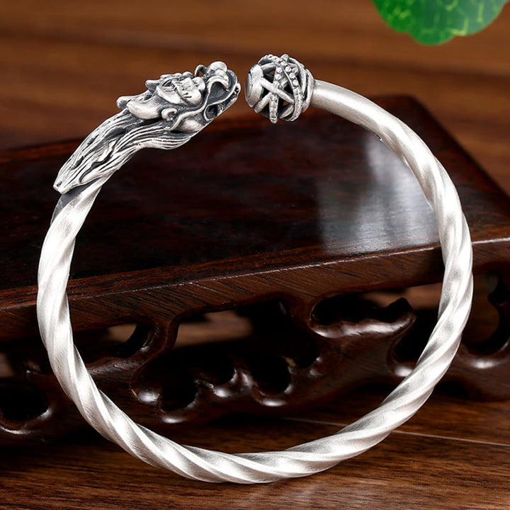 Buddha Stones 999 Sterling Silver Year of the Dragon Luck Strength Metal Cuff Bracelet Bangle - image 3