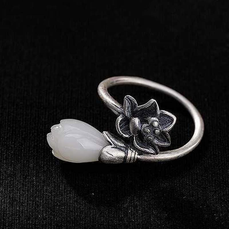 Buddha Stones Jade Lotus Copper Balance Healing Adjustable Ring - image 11