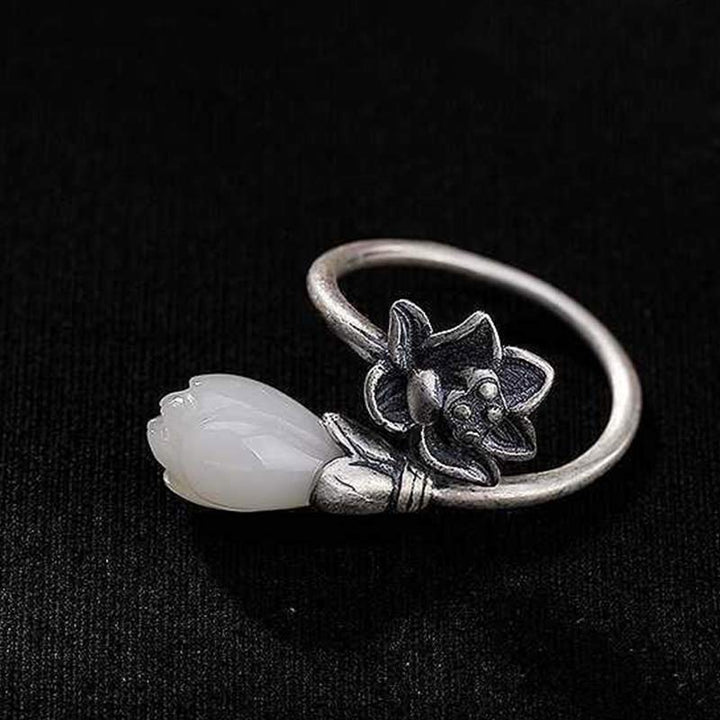 Buddha Stones Jade Lotus Copper Balance Healing Adjustable Ring - image 11