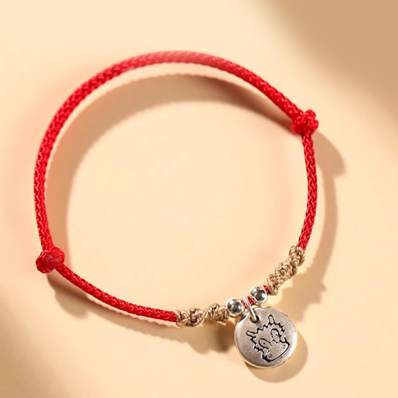 Buddha Stones Handmade 999 Sterling Silver Year of the Dragon Cute Chinese Zodiac Luck Braided Bracelet - Red Rope - Dragon(Wrist Circumference 14-17cm) - image 0