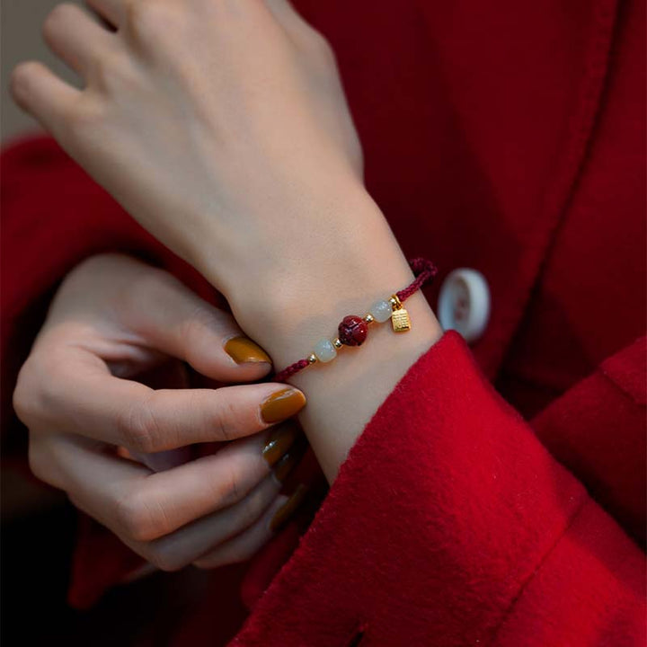 Buddha Stones Cinnabar Jade Lotus Calm Red String Weave Bracelet - image 4