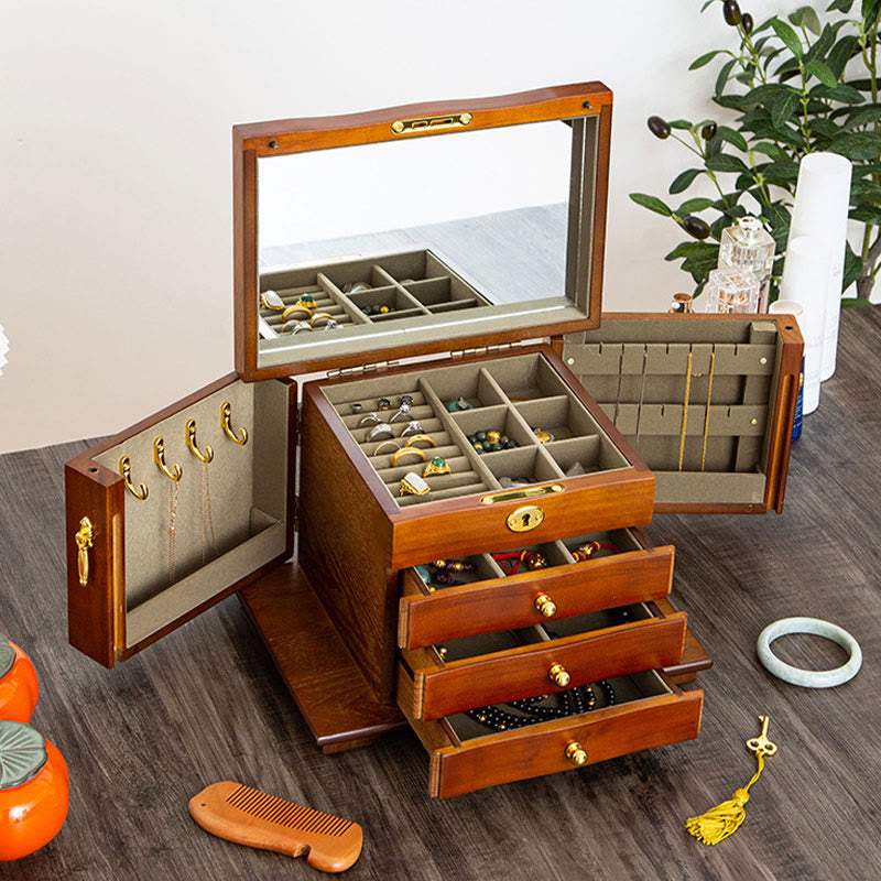 Buddha Stones Vintage Large Capacity Wooden Jewelry Box Jewelry Storage Box With Mirror - image 1