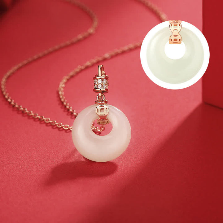 Buddha Stones 925 Sterling Silver Hetian White Jade Coin Flower Peace Buckle Luck Necklace Pendant - image 3