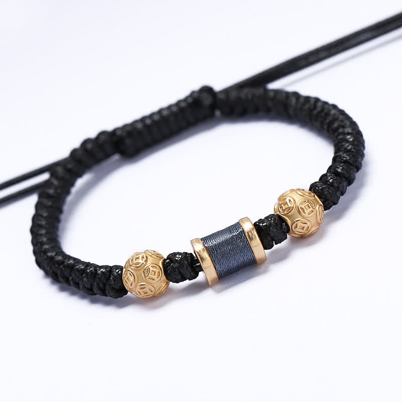 Buddha Stones 999 Sterling Silver Copper Coin Bead Copper Balance Braided String Bracelet - Gold Gray - image 8