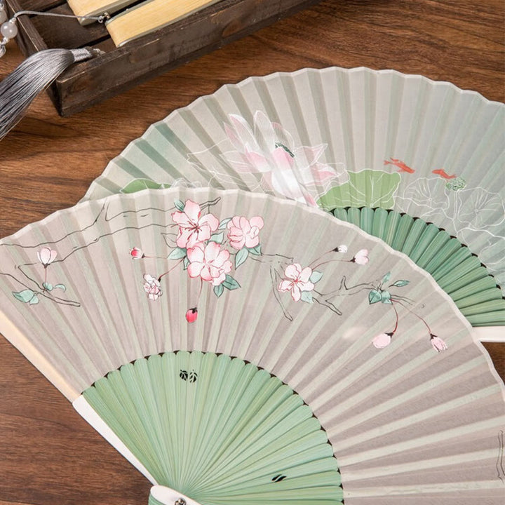 Buddha Stones Jasmine Lotus Begonia Flowers Handheld Bamboo Folding Fan - image 8