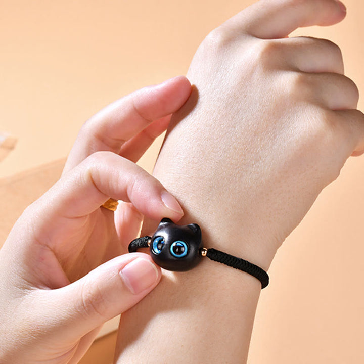 Buddha Stones Ebony Wood Cat Head Pattern Peace King Kong Knot Braided Bracelet - image 18