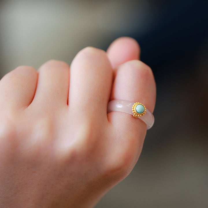 Buddha Stones White Agate Cyan Jade Turquoise Red Agate Luck Protection Ring - image 7