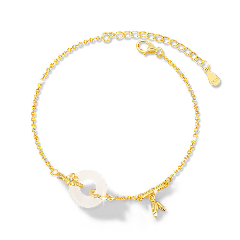 Buddha Stones 925 Sterling Silver Hetian Jade Chalcedony Peace Buckle Bamboo Leaf Prosperity Chain Bracelet - Chalcedony(Positive♥Harmony)(Wrist Circumference 14-16cm) - image 8
