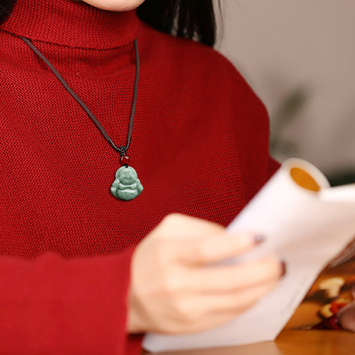 Buddha Stones Natural Green Jade Laughing Buddha Luck Abundance Necklace Pendant - image 5
