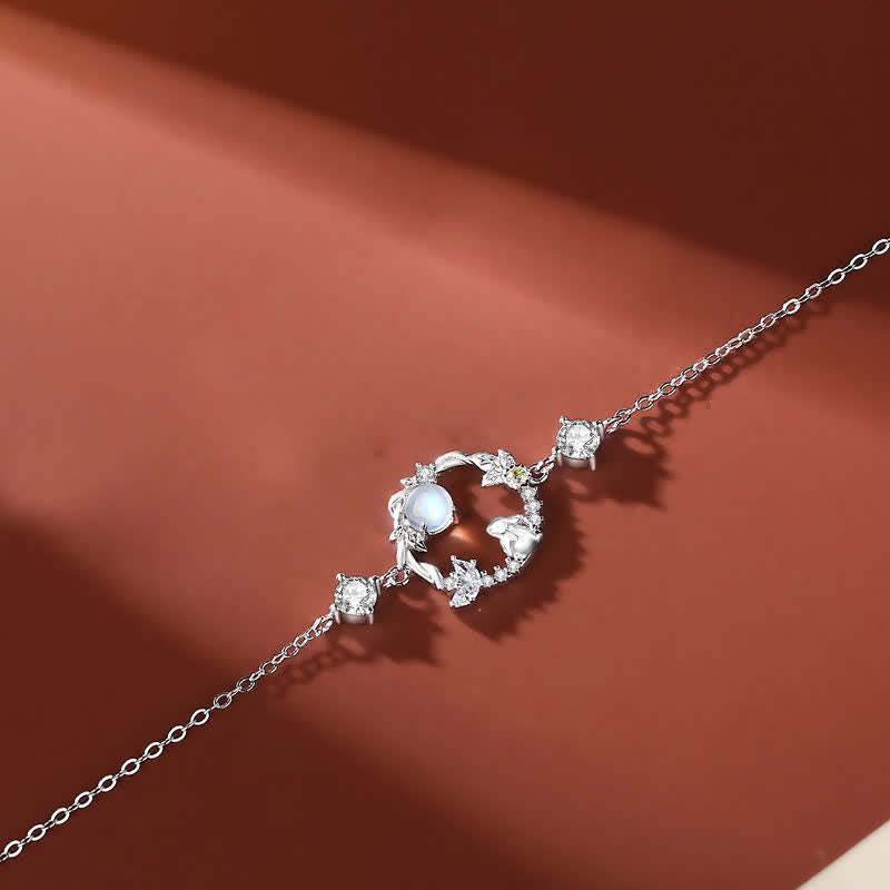 925 Sterling Silver Year of the Rabbit Moonstone Moon Flower Pattern Necklace Pendant Bracelet Earrings - Bracelet - Silver - image 6