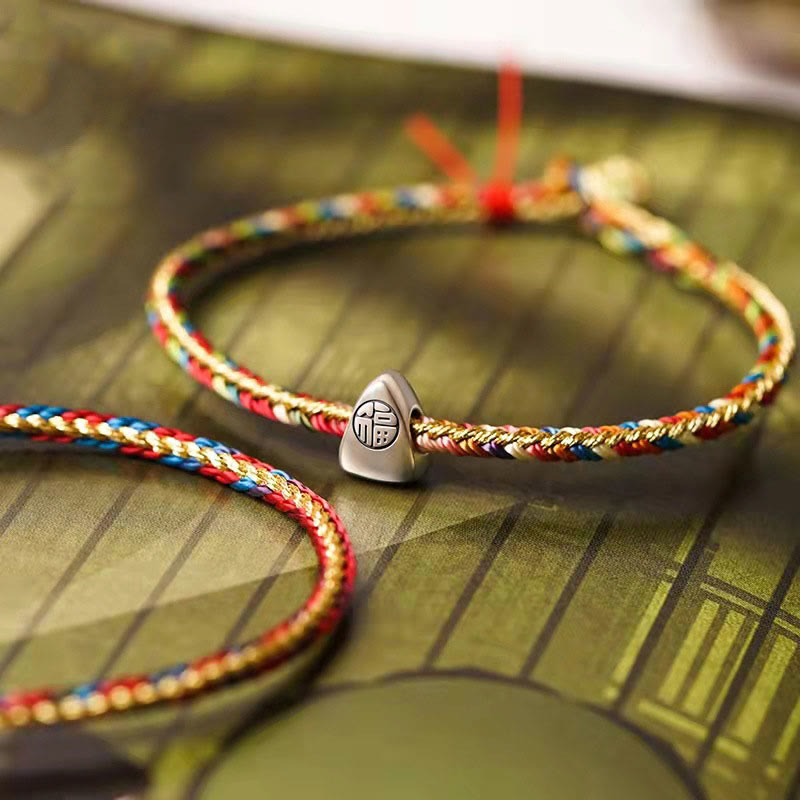 Buddha Stones 925 Sterling Silver Fu Character Zongzi Pattern Multicolored String Luck Handmade Braided Bracelet - Fu Character Colorful Adjustable Rope - 17-18cm - image 0