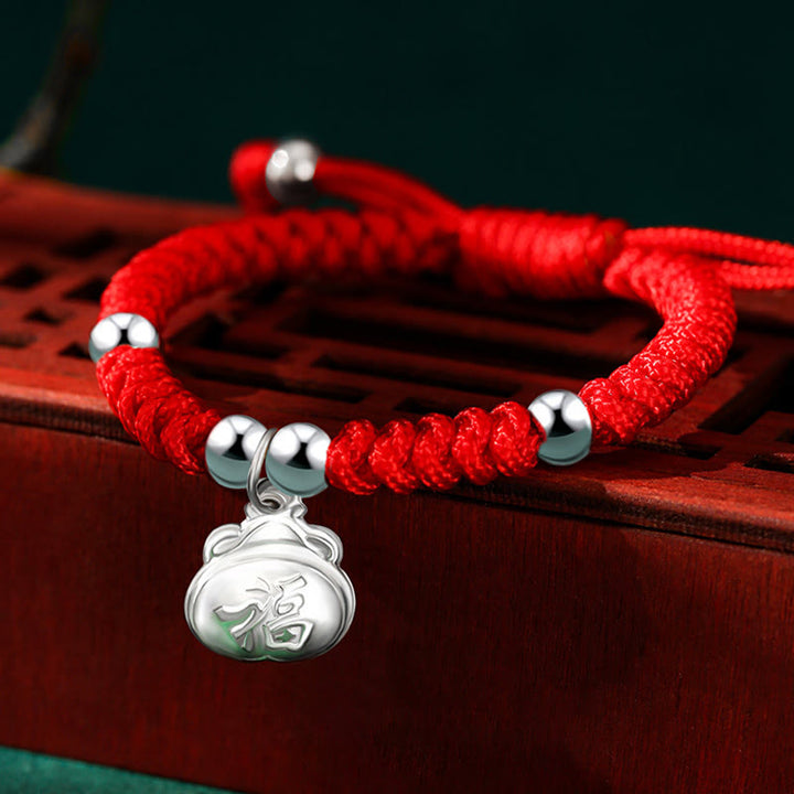 Buddha Stones 925 Sterling Silver Handmade Fu Character Lucky Money Bag Chinese Lock Charm Bell Lotus Copper Coin King Kong Knot Braided Kids Bracelet - Lucky Money Bag Fu Character(Wrist Circumference 12-14cm) - image 2