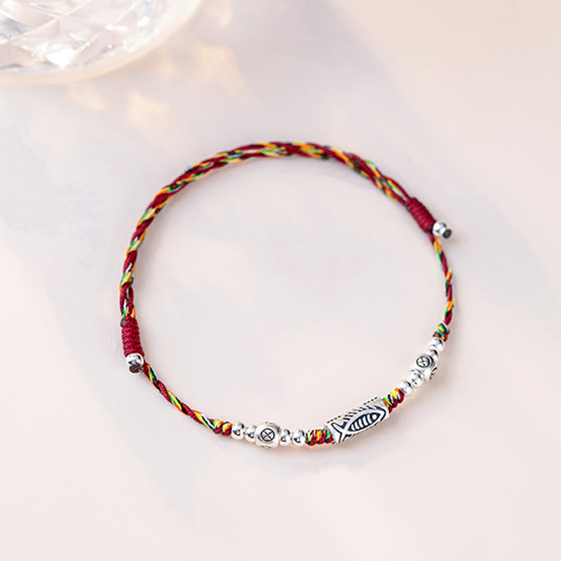 Buddha Stones 925 Sterling Silver Luck Koi Fish Braided Colorful String Bracelet Anklet - image 8
