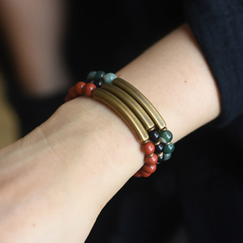 Buddha Stones Red Jasper Moss Agate Black Obsidian Crystal Copper Peace Couple Bracelet - image 18