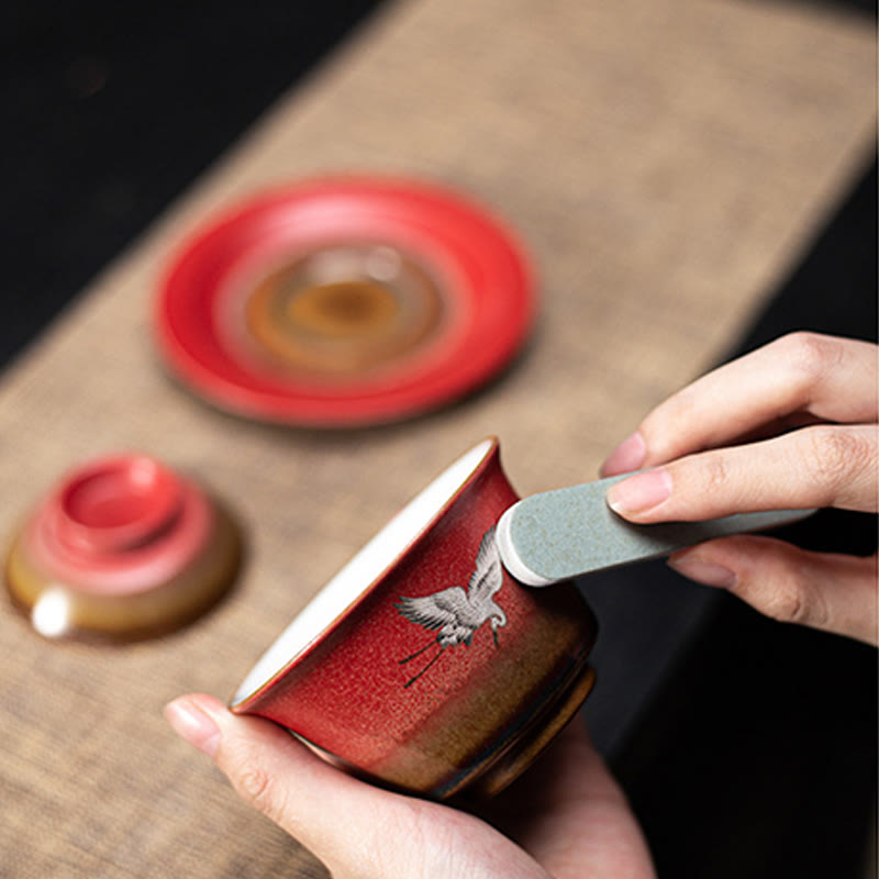 Buddha Stones Red Auspicious Crane Ceramic Gaiwan Sancai Teacup Kung Fu Tea Cup And Saucer With Lid - image 9