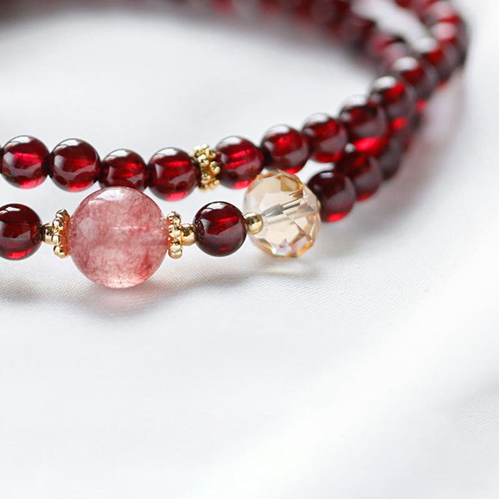 Buddha Stones 14K Gold Plated Natural Garnet Strawberry Quartz Stability Double Wrap Bracelet - image 7