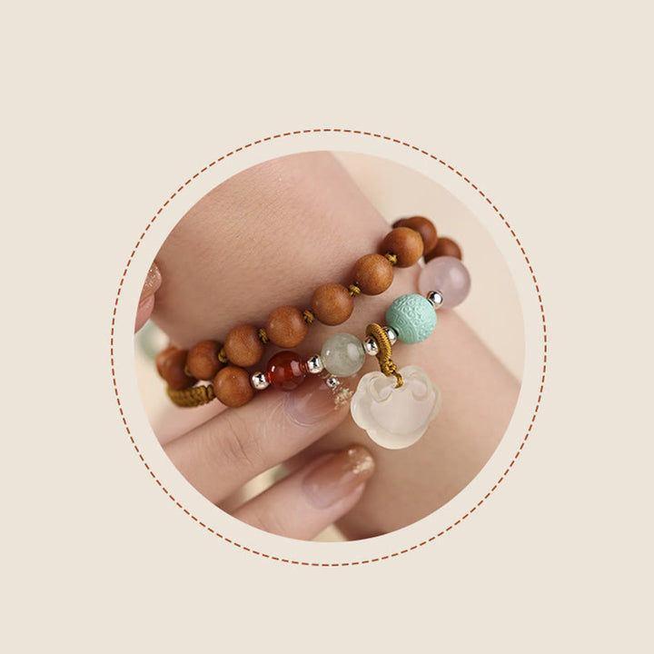 Buddha Stones Green Sandalwood Chalcedony Peace Buckle Charm Soothing Double Wrap Bracelet - image 13