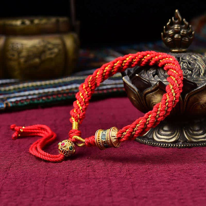 Buddha Stones Tibetan Handmade Luck Thangka Prayer Wheel Charm Weave String Bracelet - Red - image 7