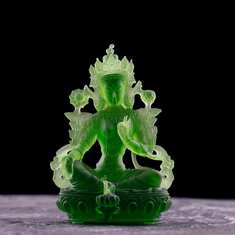 Buddha Stones Bodhisattva Green Tara Handmade Liuli Crystal Art Piece Protection Home Office Statue Decoration - 8*6*12.8cm - Green Tara - image 1
