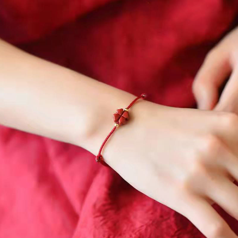 Buddha Stones Natural Cinnabar Four Leaf Clover Blessing Red String Bracelet Anklet - image 7
