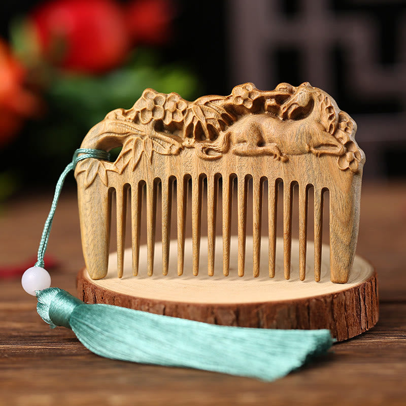 Green Sandalwood Fox Peony Flower Lotus Engraved Cure Tassel Comb - Horse Green Sandalwood - image 3