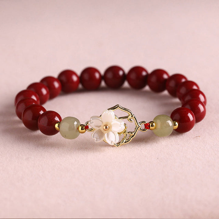 Buddha Stones Natural Cinnabar Jade Beaded Tridacna Stone Flower Blessing Bracelet - Cinnabar - 8mm(Wrist Circumference 18cm) - image 3