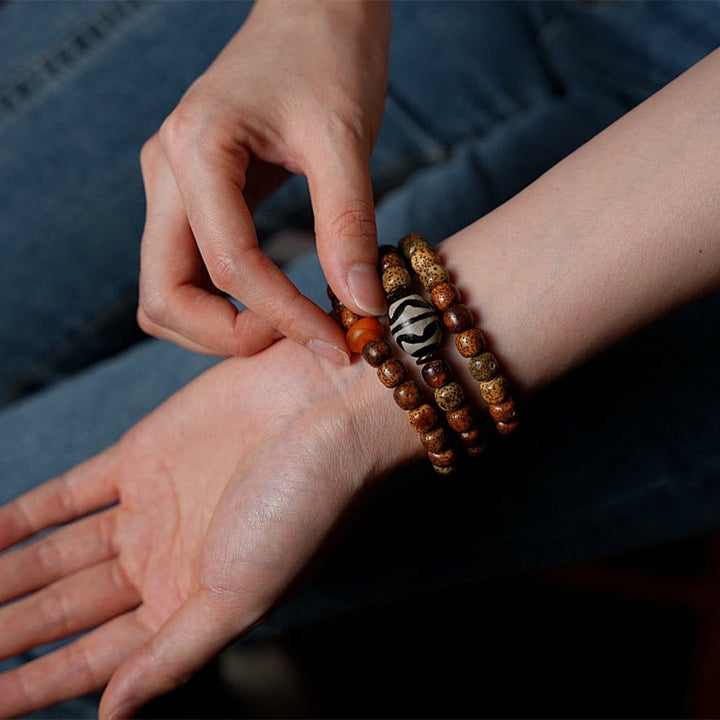 Buddha Stones Tibetan Bodhi Seed Amber Dzi Bead Agate Zakiram Goddess of Wealth Beads Triple Wrap Bracelet - image 16