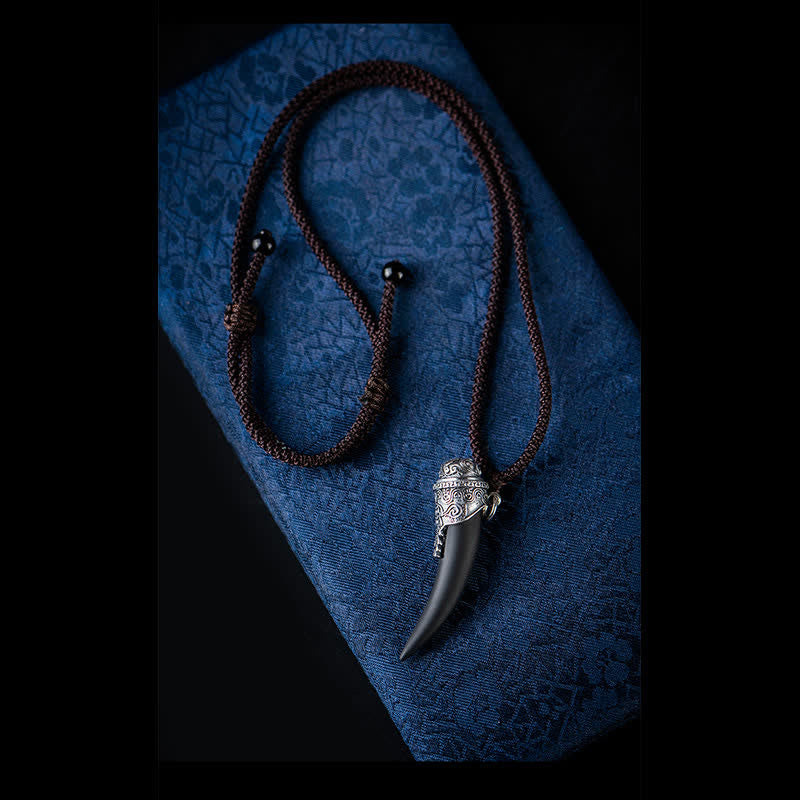 925 Sterling Silver Black Obsidian Wolf Tooth Pattern Strength Necklace Pendant - image 10