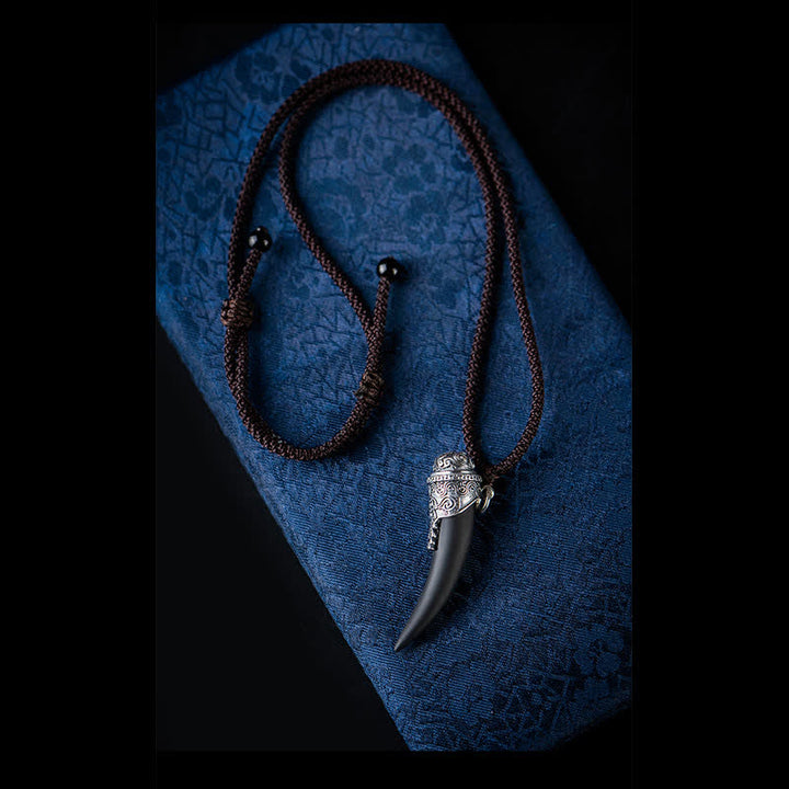 925 Sterling Silver Black Obsidian Wolf Tooth Pattern Strength Necklace Pendant - image 10