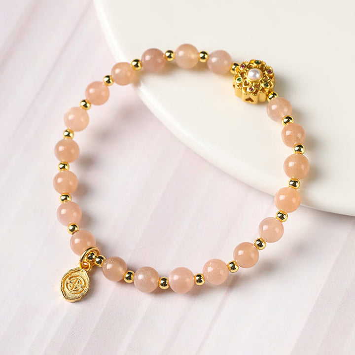 Buddha Stones 14K Gold Plated Natural Strawberry Quartz Labradorite Sun Stone Fu Character Positive Charm Bracelet - image 13